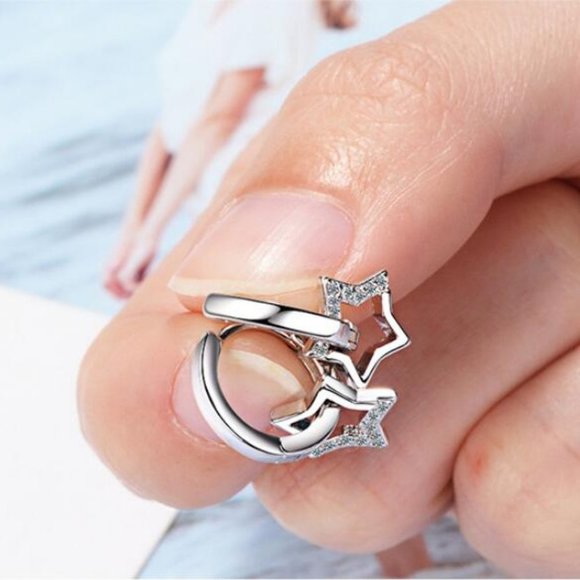 NEW 925 Sterling Silver Diamond Star Hoop Earrings - Picture 2 of 7